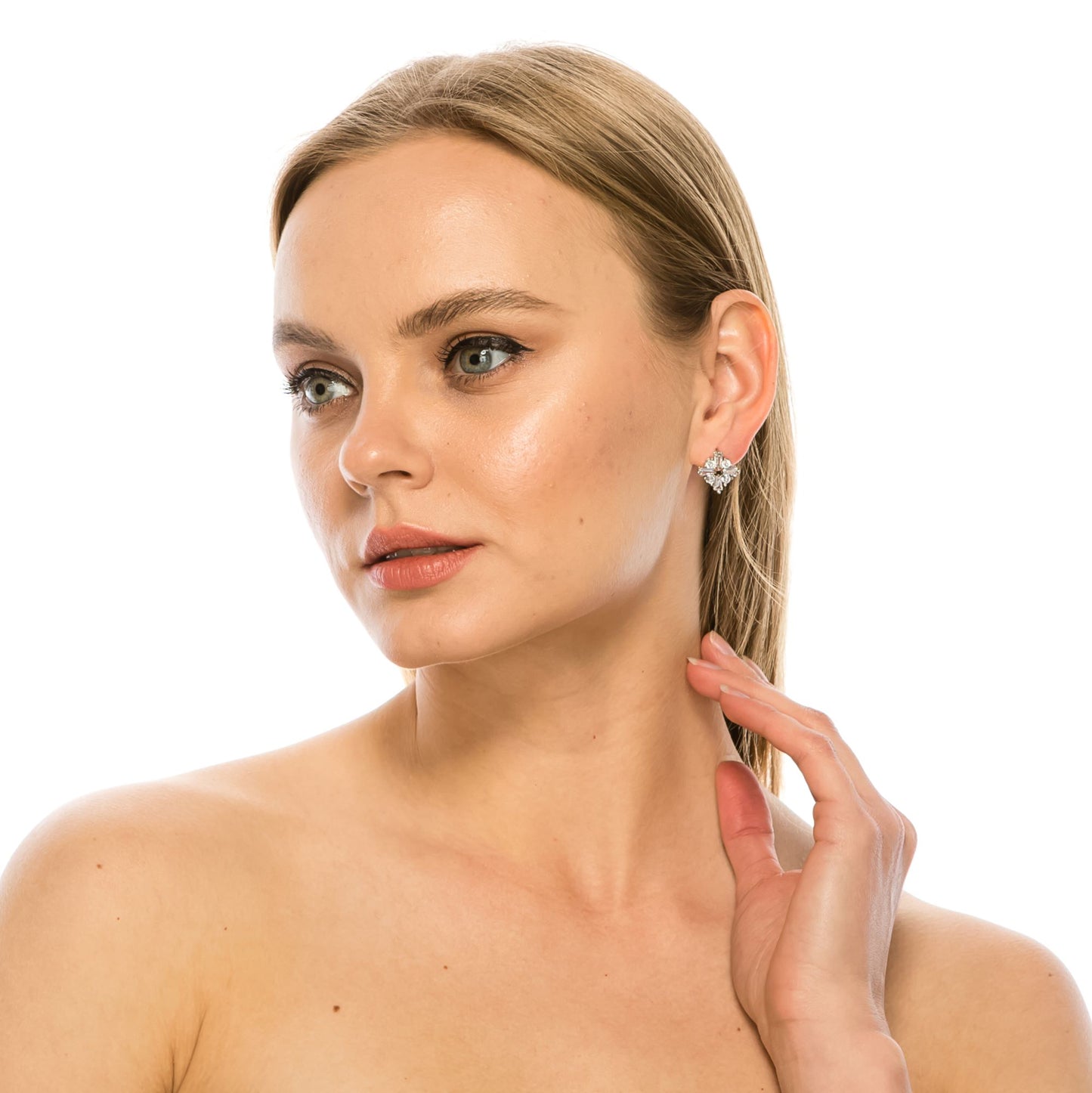 SS071520-Sterling Silver Post Cubic Zirconia Stone Brass Metal Stud Earrings