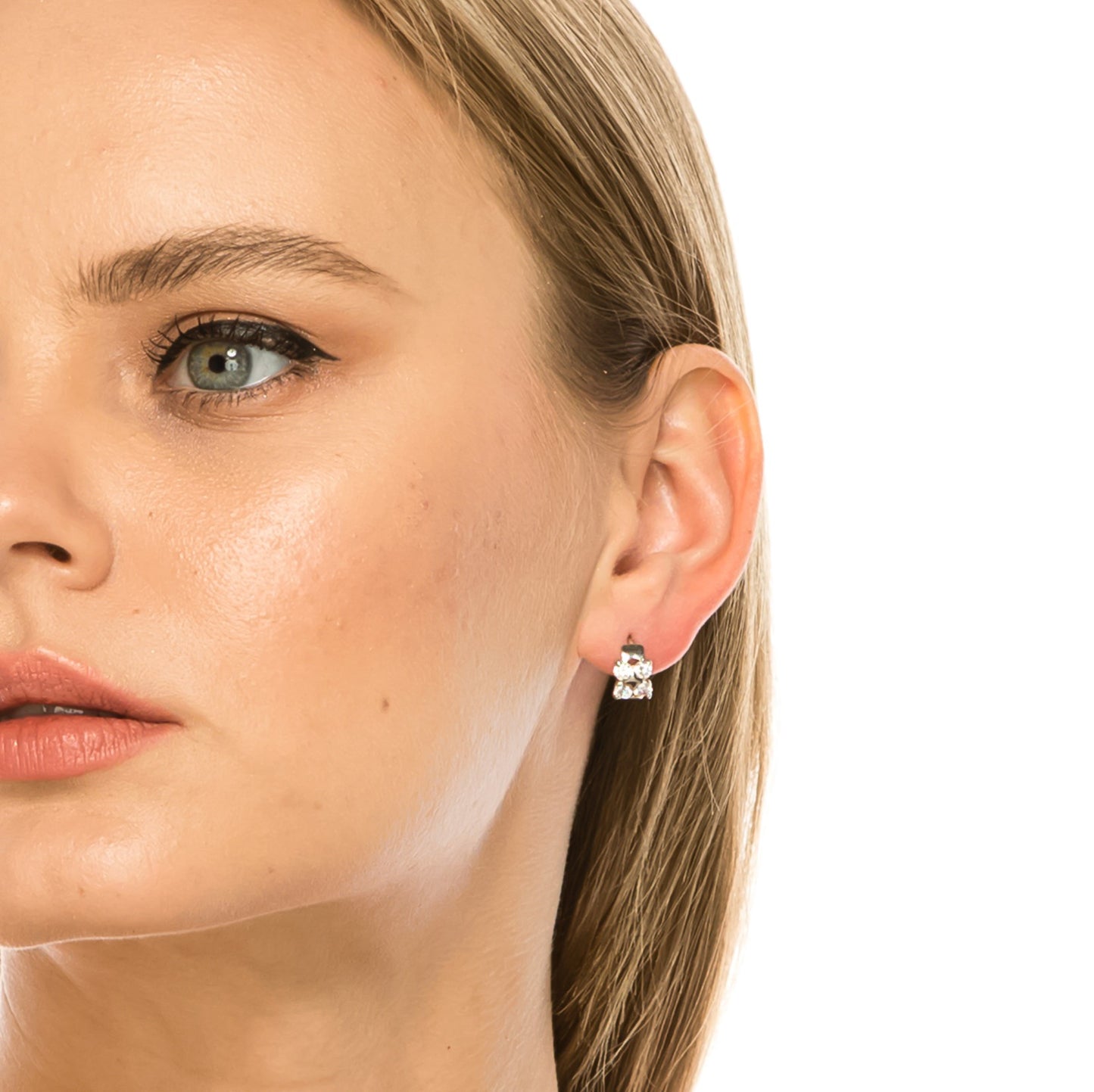 SS071548-Sterling Silver Post Cubic Zirconia Stone Brass Metal Hoop Earrings