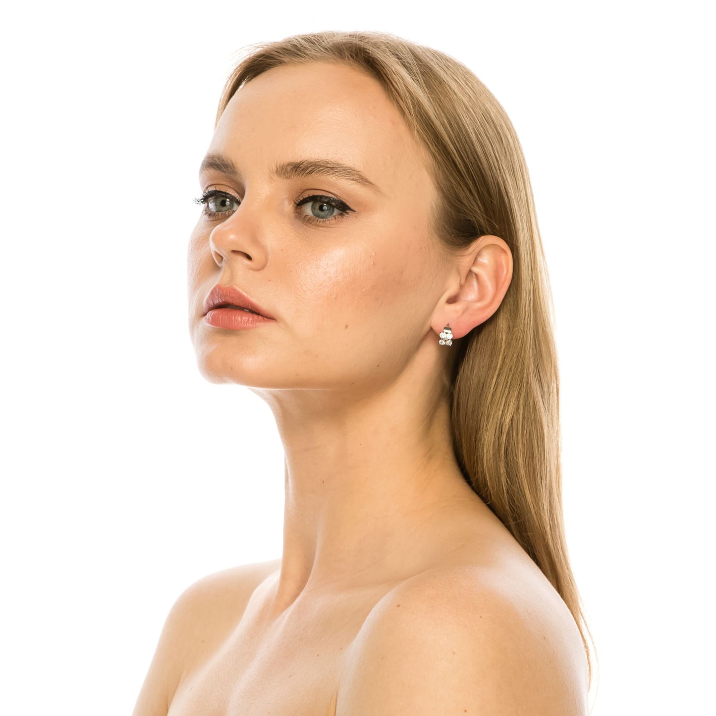 SS071548-Sterling Silver Post Cubic Zirconia Stone Brass Metal Hoop Earrings