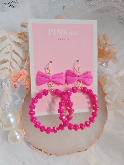 Pink Ribbon with Round Bead Dangle Earring