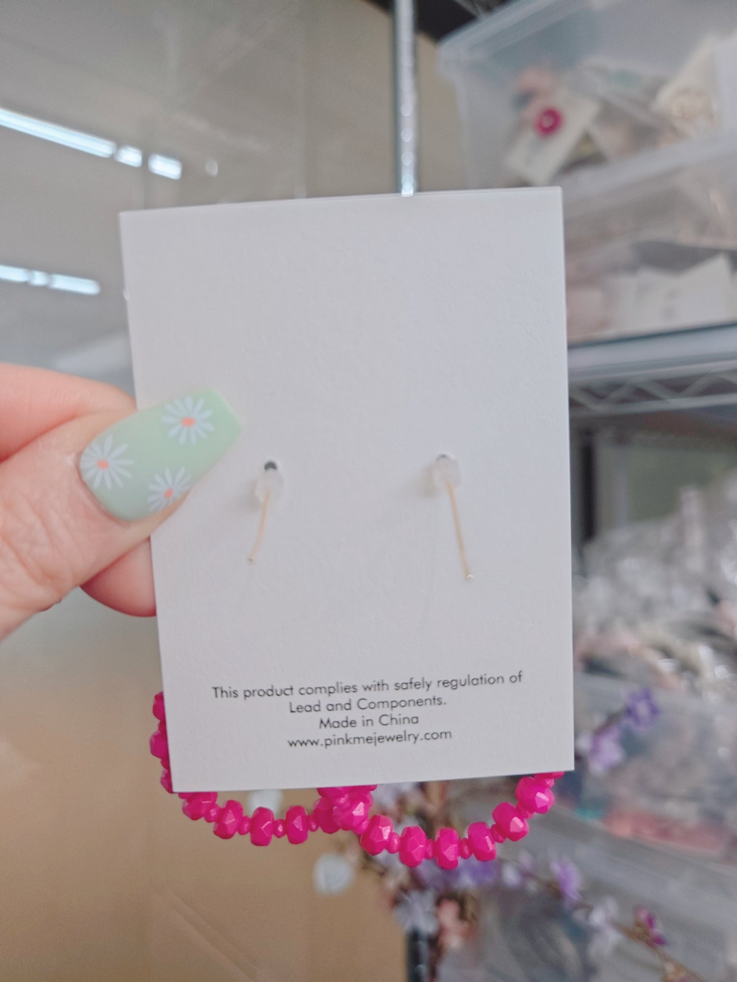 Pink Ribbon with Round Bead Dangle Earring