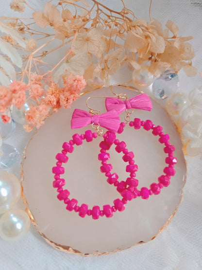 Pink Ribbon with Round Bead Dangle Earring