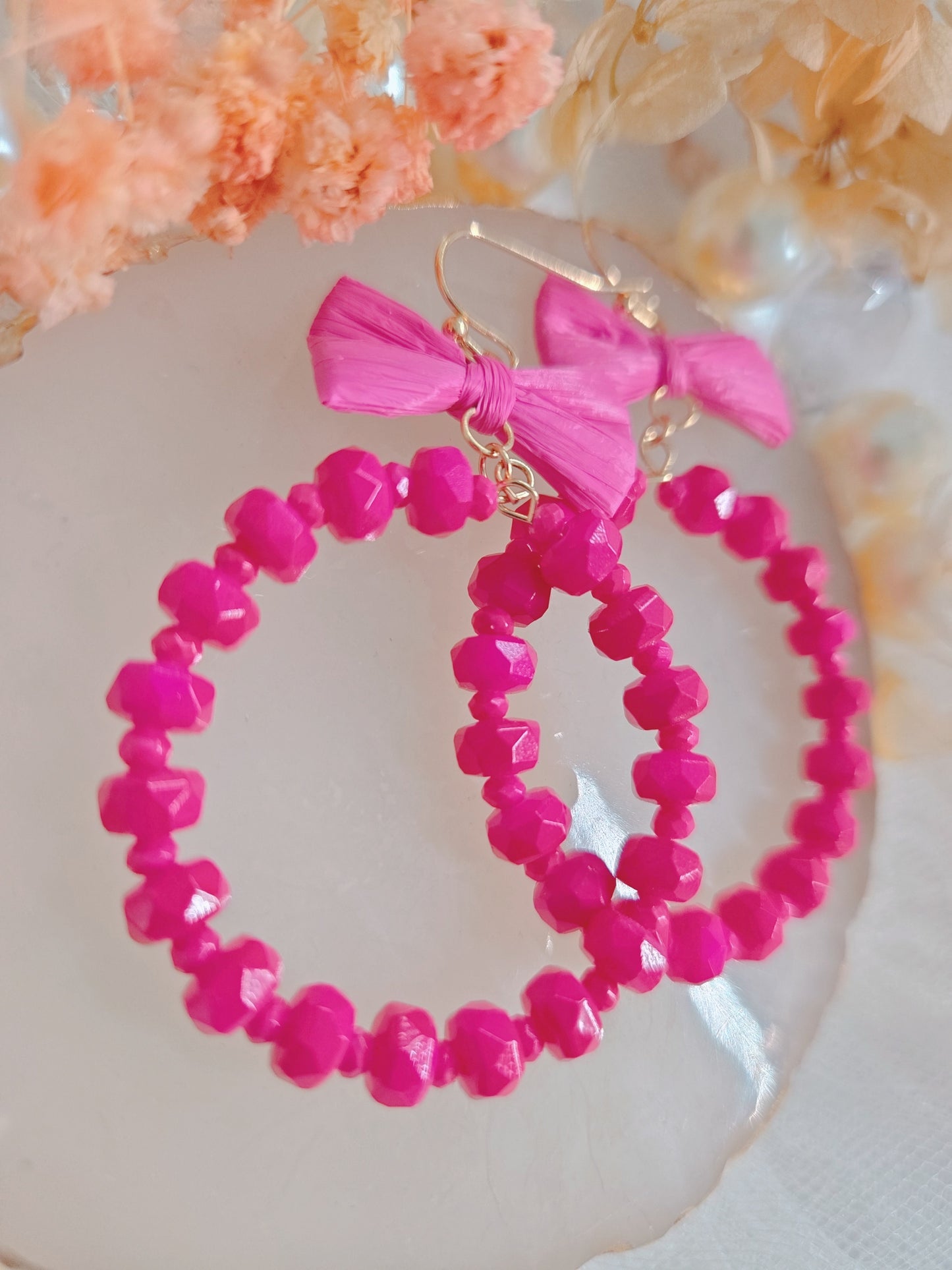 Pink Ribbon with Round Bead Dangle Earring