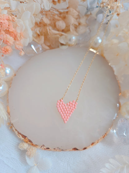 Pink Bead Heart Gold Chain Necklace