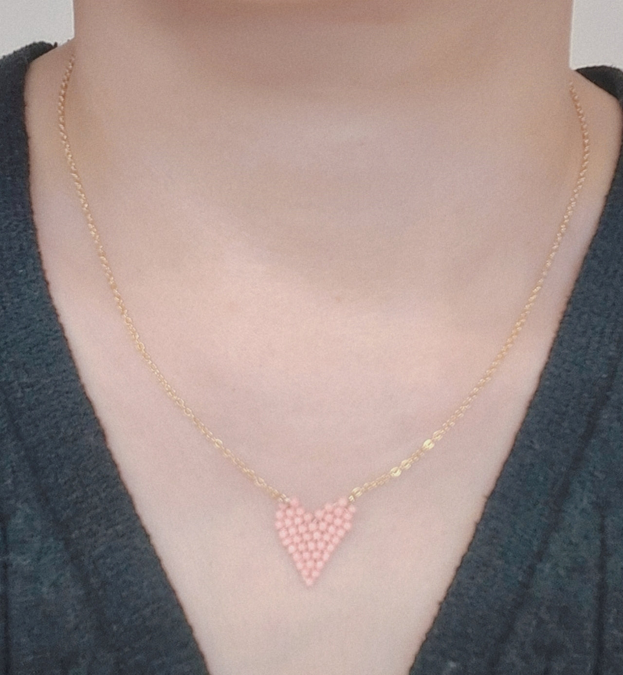 Pink Bead Heart Gold Chain Necklace