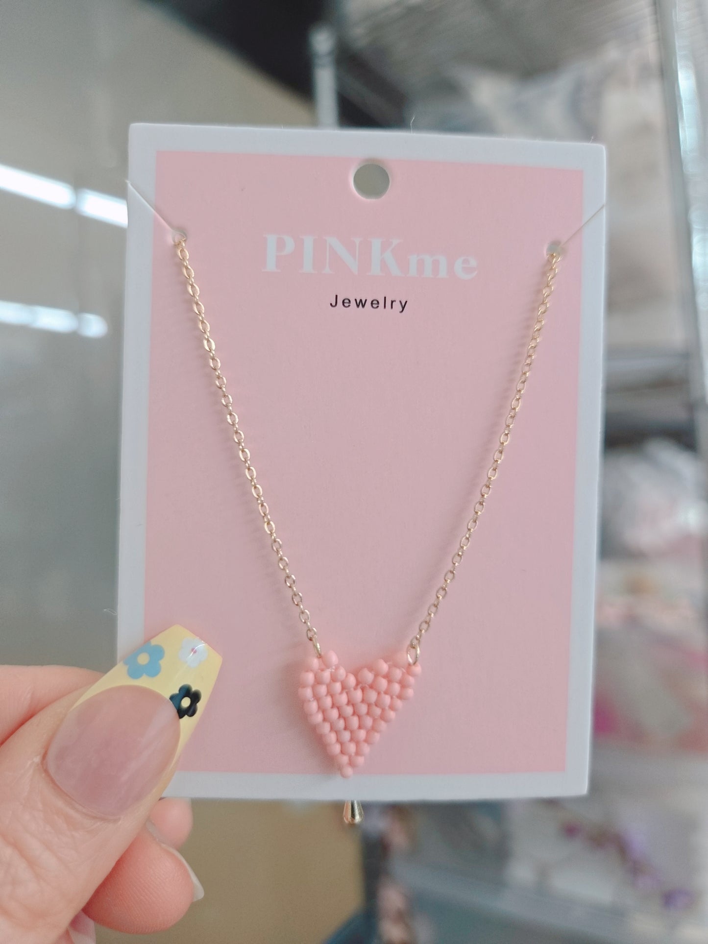 Pink Bead Heart Gold Chain Necklace