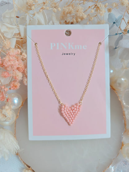 Pink Bead Heart Gold Chain Necklace