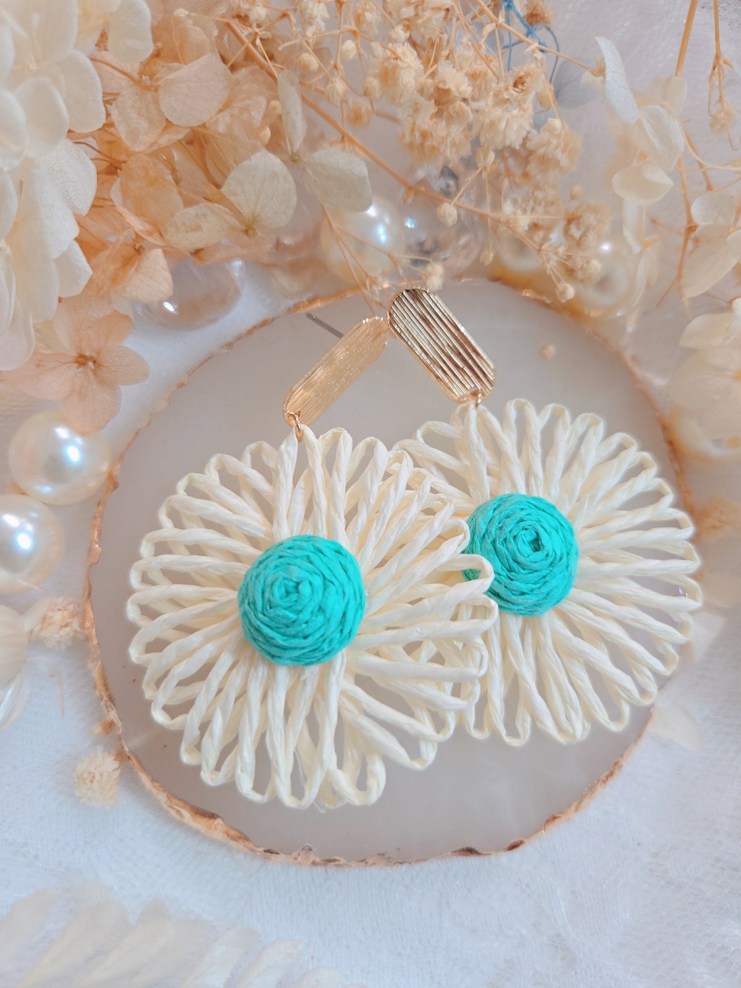 Gold Blue White Straw Style Flower Drop Earring