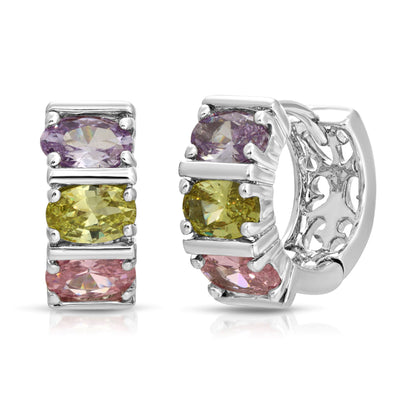 SS071535-Sterling Silver Post Cubic Zirconia Stone Brass Metal Hoop Earrings