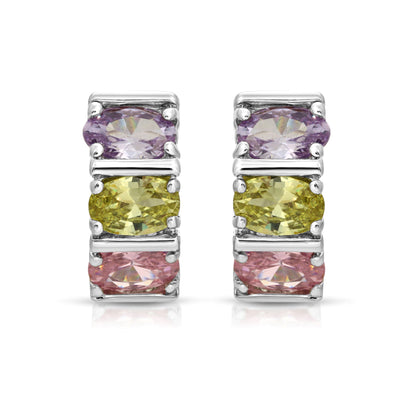 SS071535-Sterling Silver Post Cubic Zirconia Stone Brass Metal Hoop Earrings