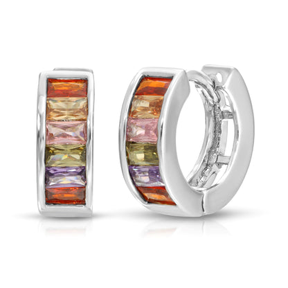 SS071526-Sterling Silver Post Cubic Zirconia Stone Brass Metal Hoop Earrings